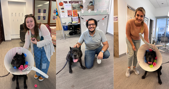 Photo of three graduate students with Drexel's Therapy Dog, Espresso